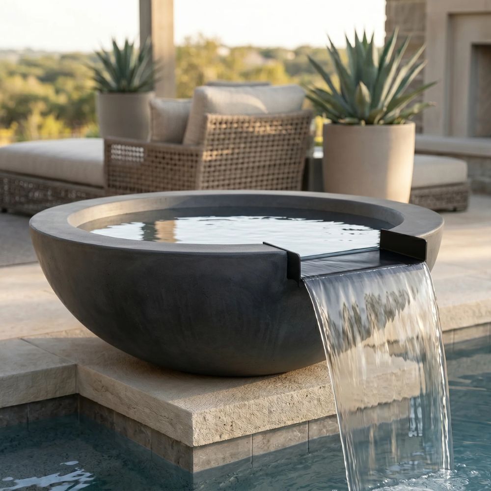 Moderno 2 Water Bowl – 29" Compact Concrete Poolside Water Feature with 11" Scupper