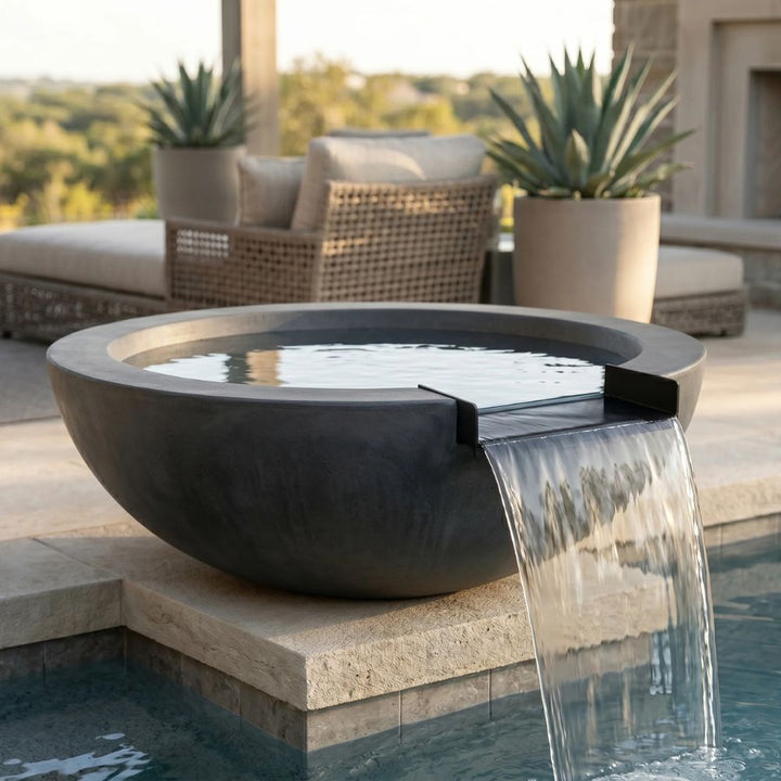 Moderno 2 Water Bowl – 29" Compact Concrete Poolside Water Feature with 11" Scupper