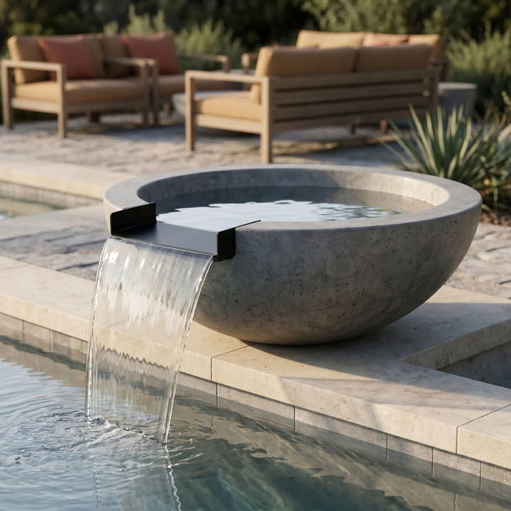 Moderno 2 Water Bowl – 29" Compact Concrete Poolside Water Feature with 11" Scupper