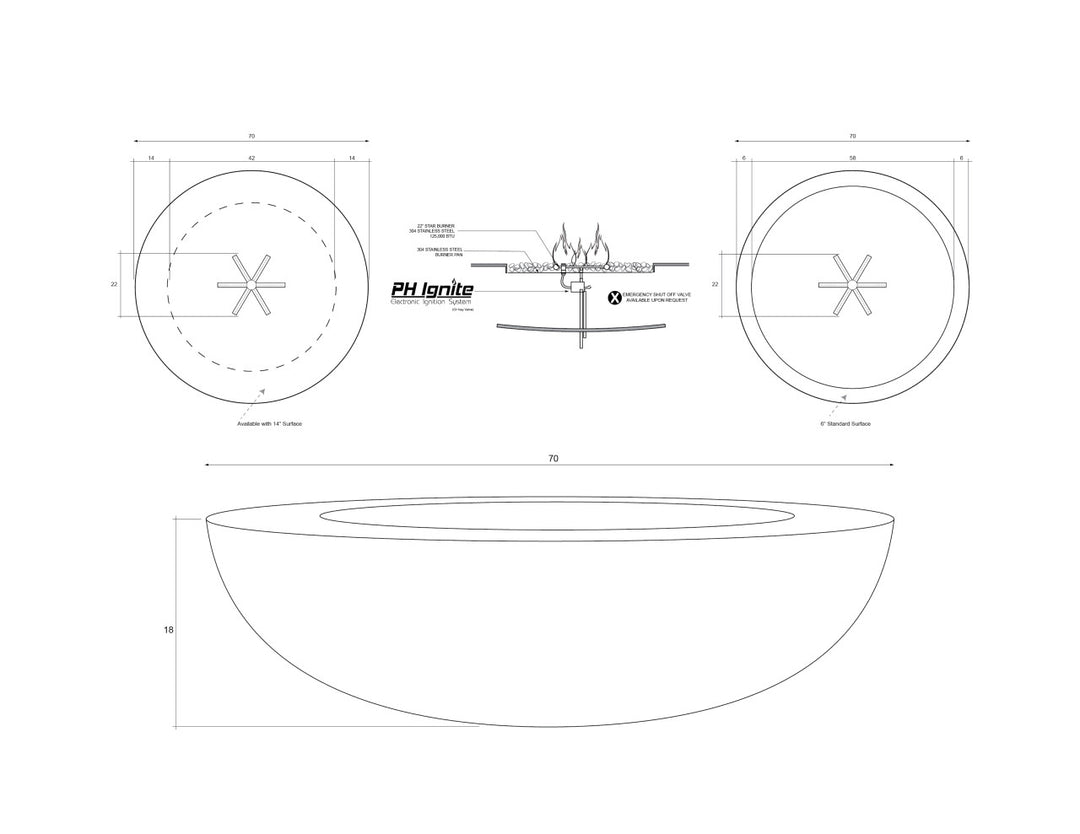Moderno 70 Outdoor Fire Bowl – 70” Extra-Large Handcrafted Concrete Gas Fire Pit with Optional 14” Rim