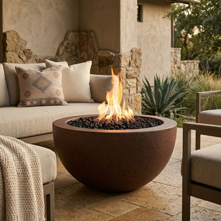 Moderno 3 Fire Bowl, 30" Round GFRC Outdoor Gas Fire Pit, Pewter Finish, 65,000 BTU