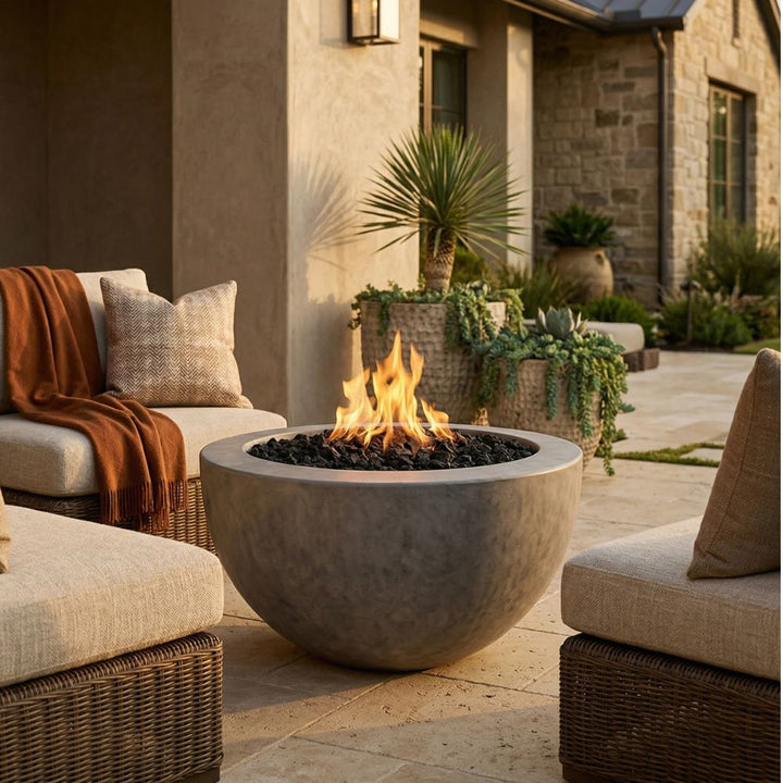 Moderno 3 Fire Bowl, 30" Round GFRC Outdoor Gas Fire Pit, Pewter Finish, 65,000 BTU
