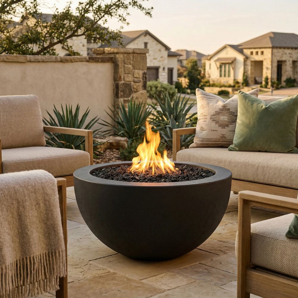 Moderno 3 Fire Bowl, 30" Round GFRC Outdoor Gas Fire Pit, Pewter Finish, 65,000 BTU