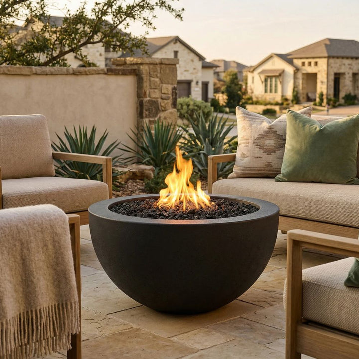 Moderno 3 Fire Bowl, 30" Round GFRC Outdoor Gas Fire Pit, Pewter Finish, 65,000 BTU