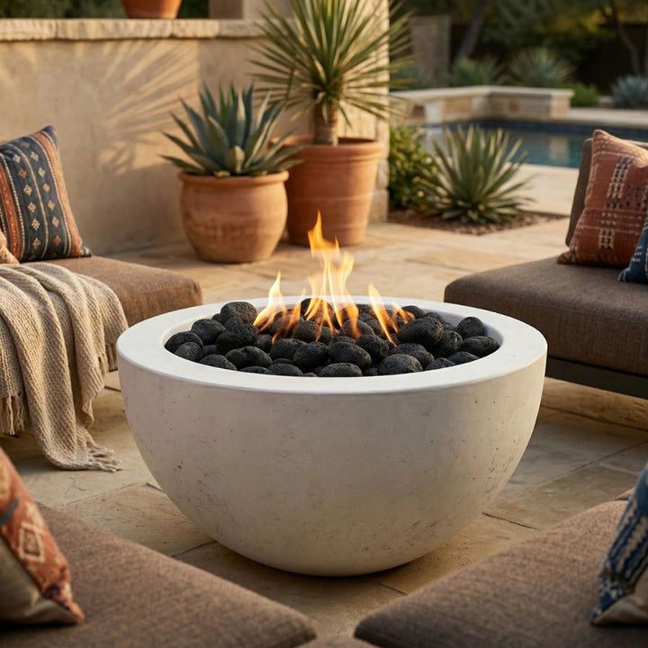 Moderno 3 Fire Bowl, 30" Round GFRC Outdoor Gas Fire Pit, Pewter Finish, 65,000 BTU