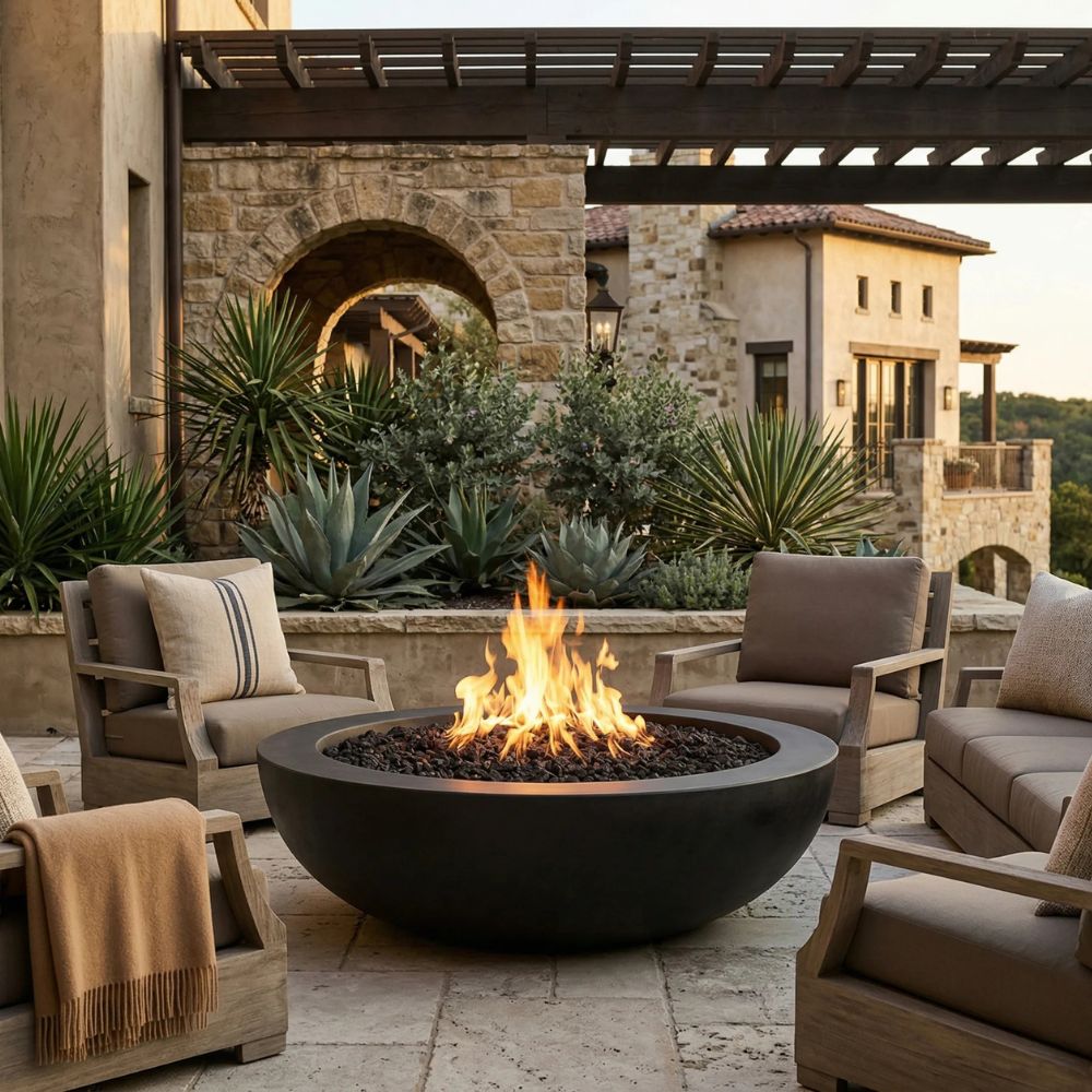 Moderno 70 Outdoor Fire Bowl – 70” Extra-Large Handcrafted Concrete Gas Fire Pit with Optional 14” Rim