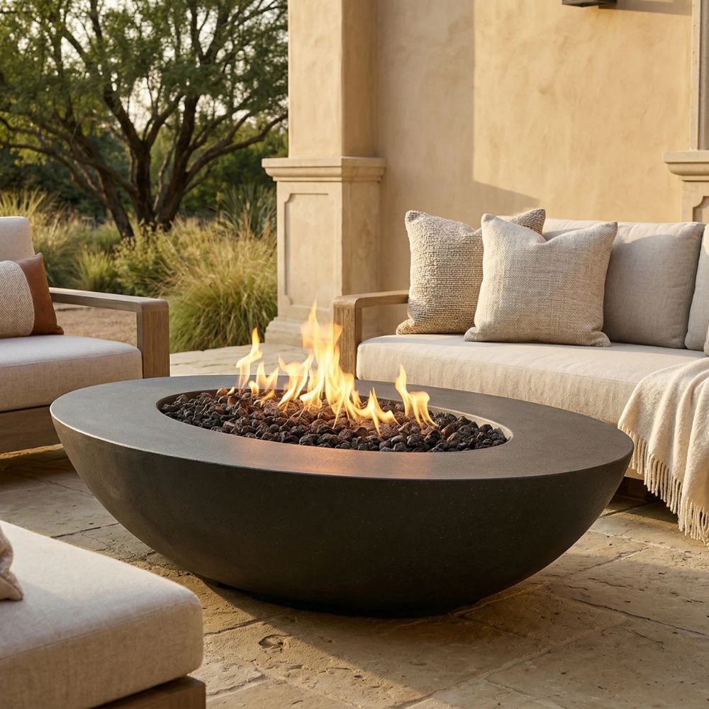 Ovale 60 Fire Pit Table – 36" x 60" Hand-Crafted Concrete Gas Fire Pit (65,000 BTUs, Propane or Natural Gas)