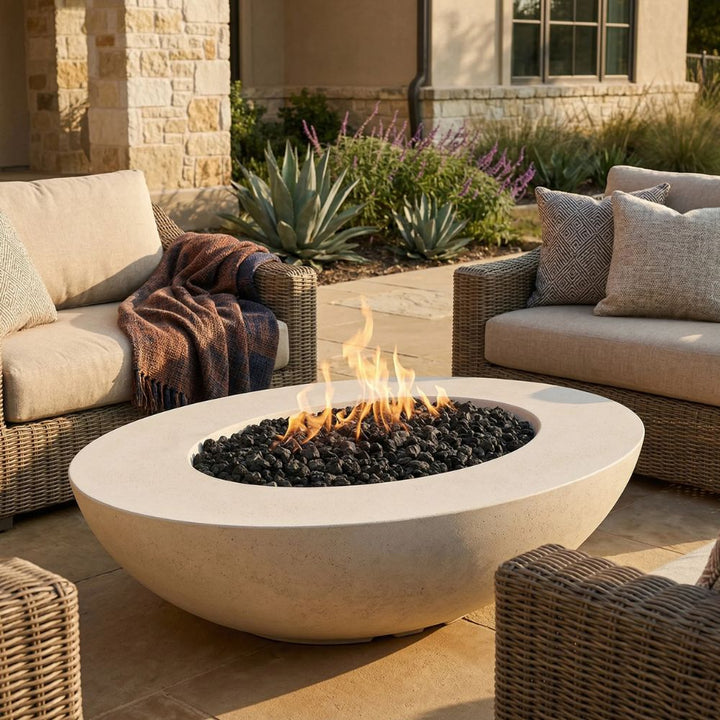 Ovale 60 Fire Pit Table – 36" x 60" Hand-Crafted Concrete Gas Fire Pit (65,000 BTUs, Propane or Natural Gas)