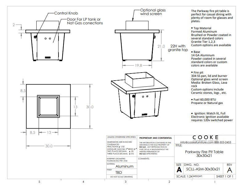 COOKE Parkway Fire Pit Table 30" x 30" x 21" - Aluminum Top