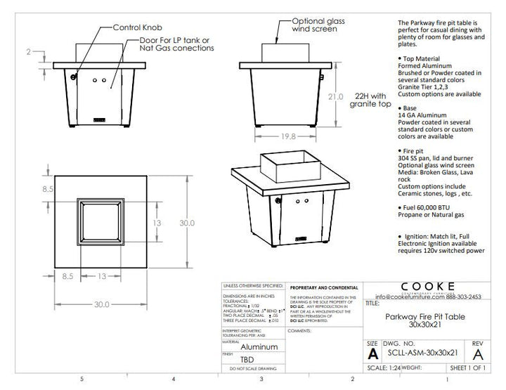 COOKE Parkway Fire Pit Table 30" x 30" x 21" - Stone Top