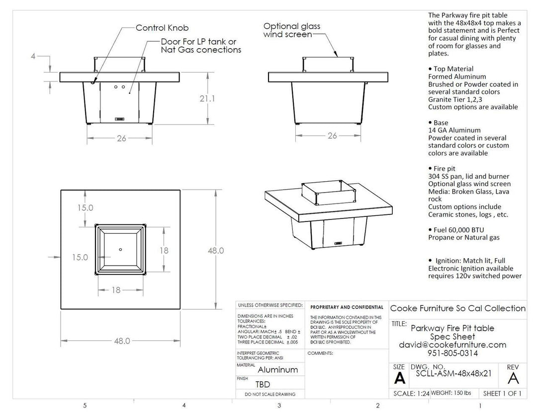COOKE Parkway Fire Pit Table  48" x 48" x 21"- Grey Aluminum Top