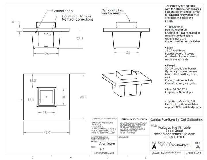 COOKE Parkway Fire Pit Table  48" x 48" x 21"- Grey Aluminum Top