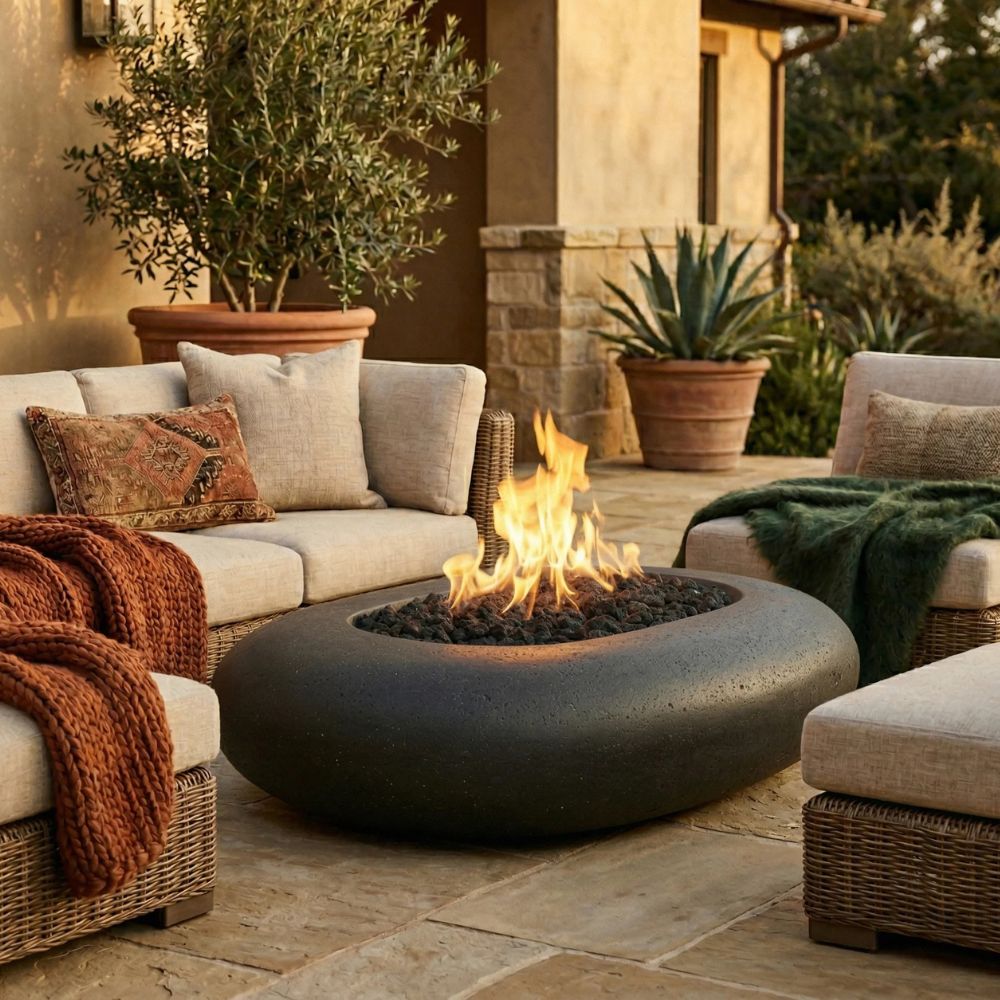 Pebble Fire Bowl 56" – 65,000 BTU Outdoor Gas Fire Pit in Hand-Crafted Pewter Finish