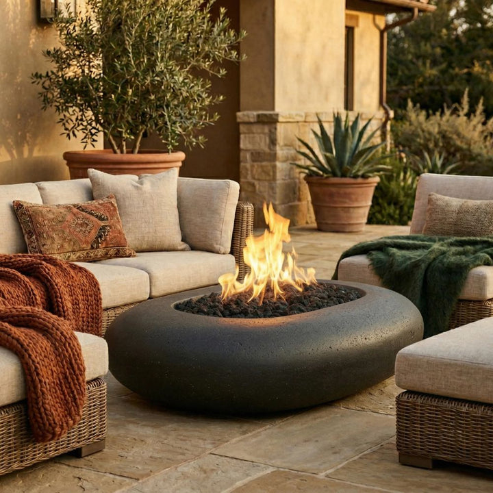 Pebble Fire Bowl 56" – 65,000 BTU Outdoor Gas Fire Pit in Hand-Crafted Pewter Finish