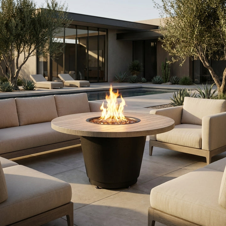 American Fyre Designs - Reclaimed Wood Cosmopolitan Round - Chat Height Firetable