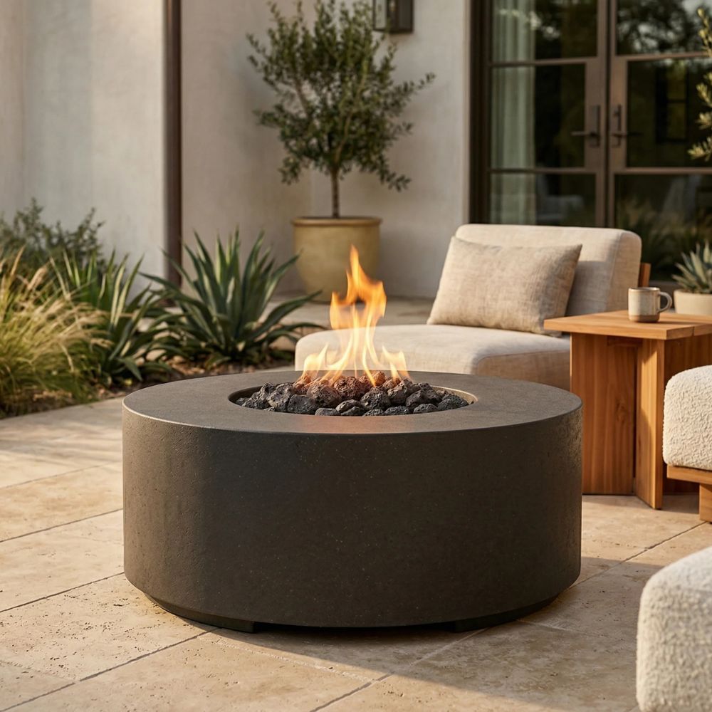 Rotondo 48" Round Fire Bowl Table – Handcrafted Concrete Gas Fire Pit with Wide Rim
