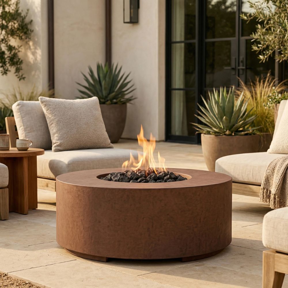 Rotondo 48" Round Fire Bowl Table – Handcrafted Concrete Gas Fire Pit with Wide Rim