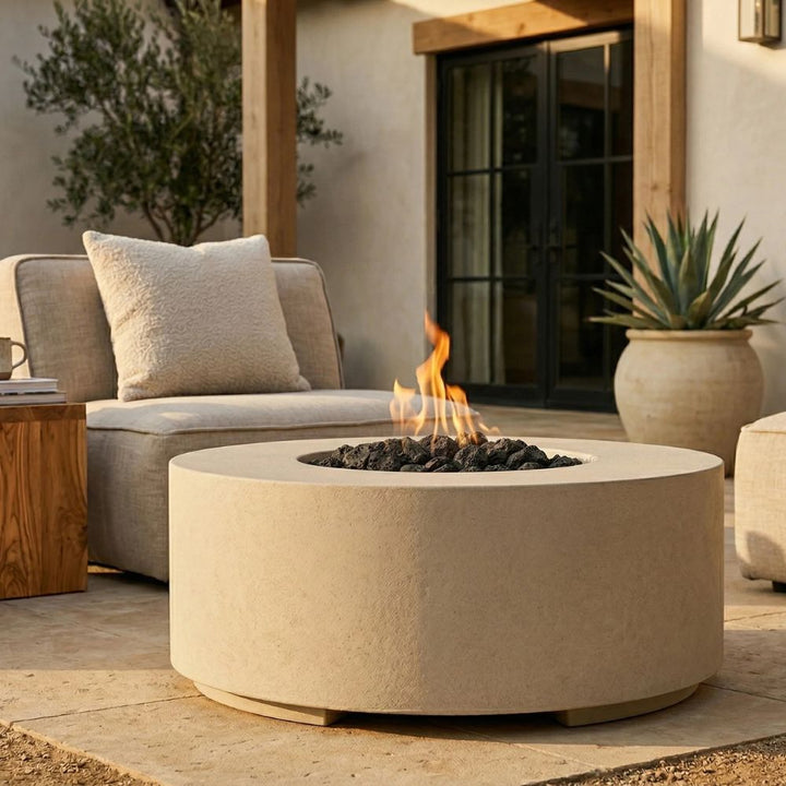 Rotondo 48" Round Fire Bowl Table – Handcrafted Concrete Gas Fire Pit with Wide Rim