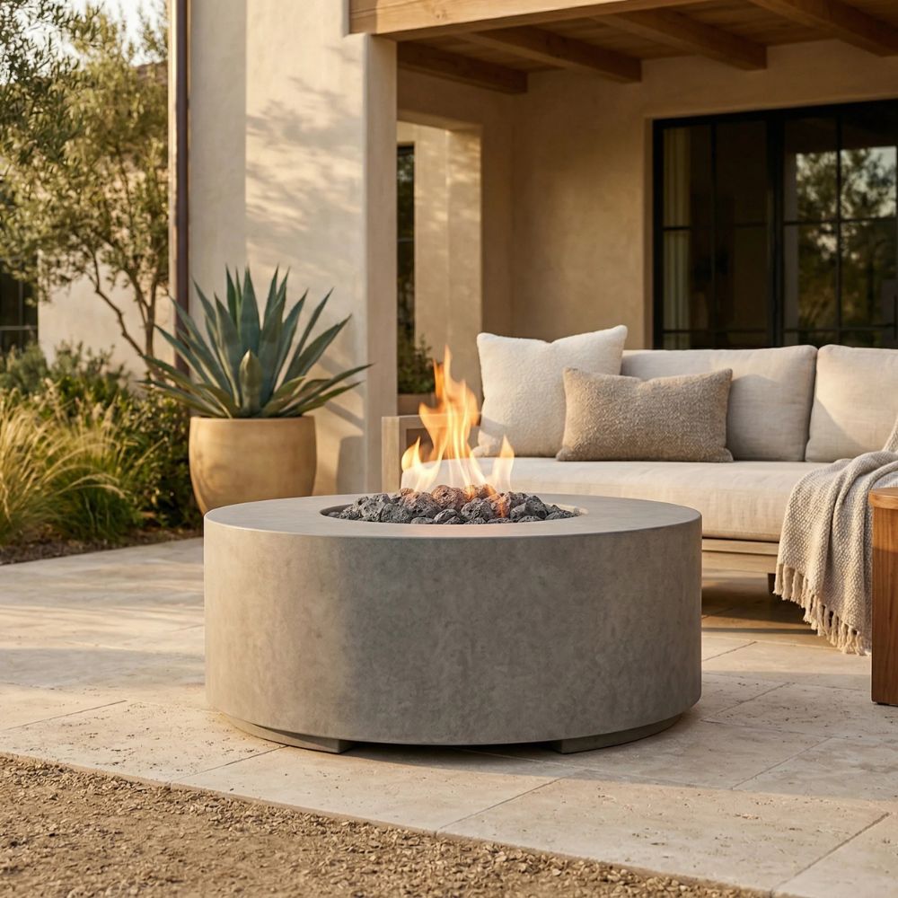 Rotondo 48" Round Fire Bowl Table – Handcrafted Concrete Gas Fire Pit with Wide Rim