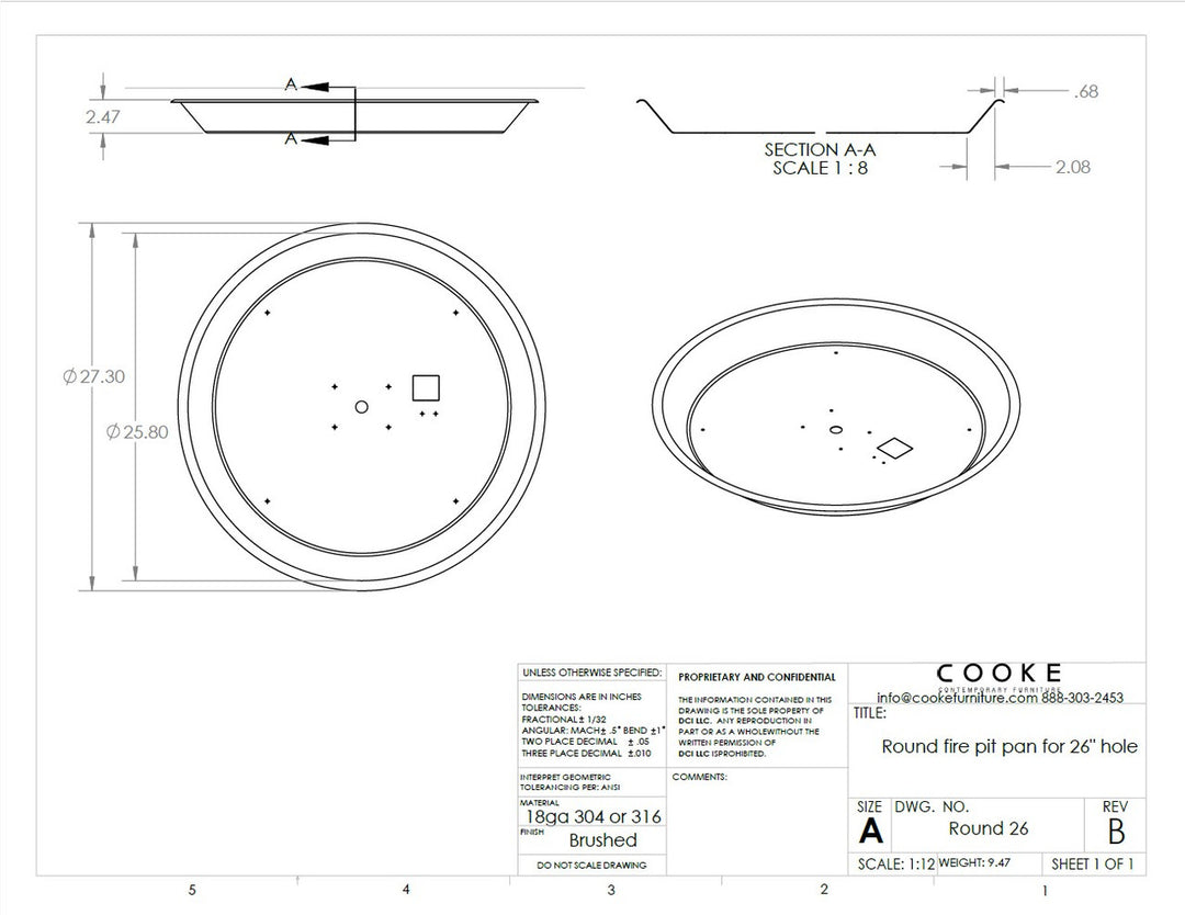 COOKE Fire Pit Pan 26" Diameter Round - Stainless Steel