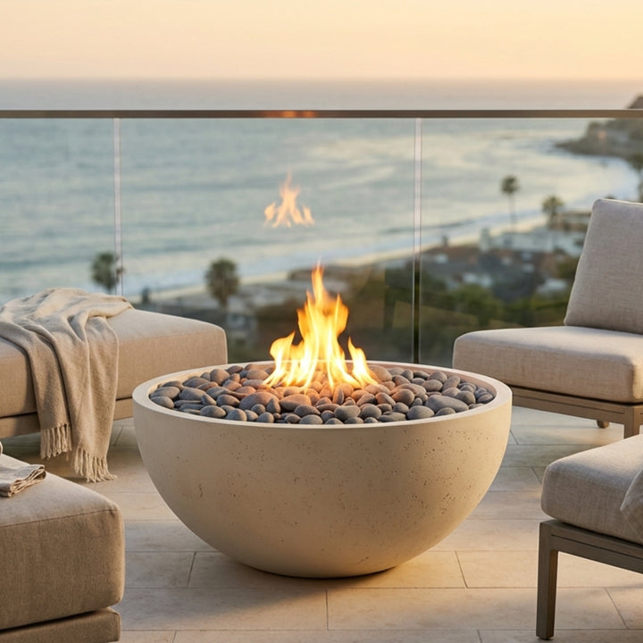 SERENADE 40 Round Bowl Outdoor Fire Pit, 40in Concrete Gas Fire Feature