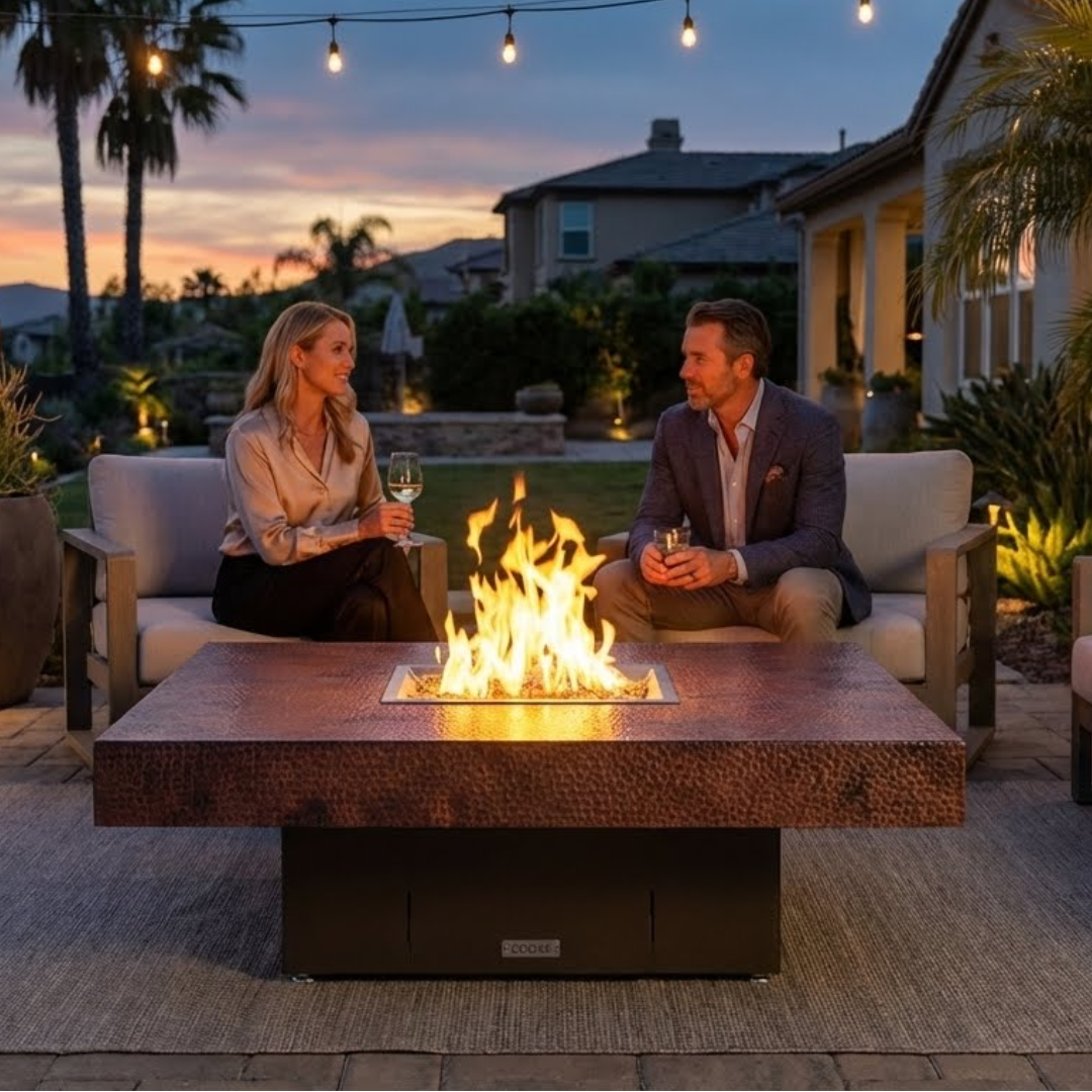 COOKE Santa Barbara Fire Pit Table 48" x 48" x 17" - Hammered Copper Top