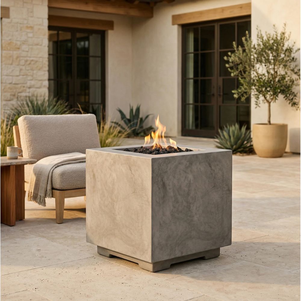Scatola 2 – 24" Square Pedestal Fire Bowl, Handcrafted Pewter Finish – Propane or Natural Gas