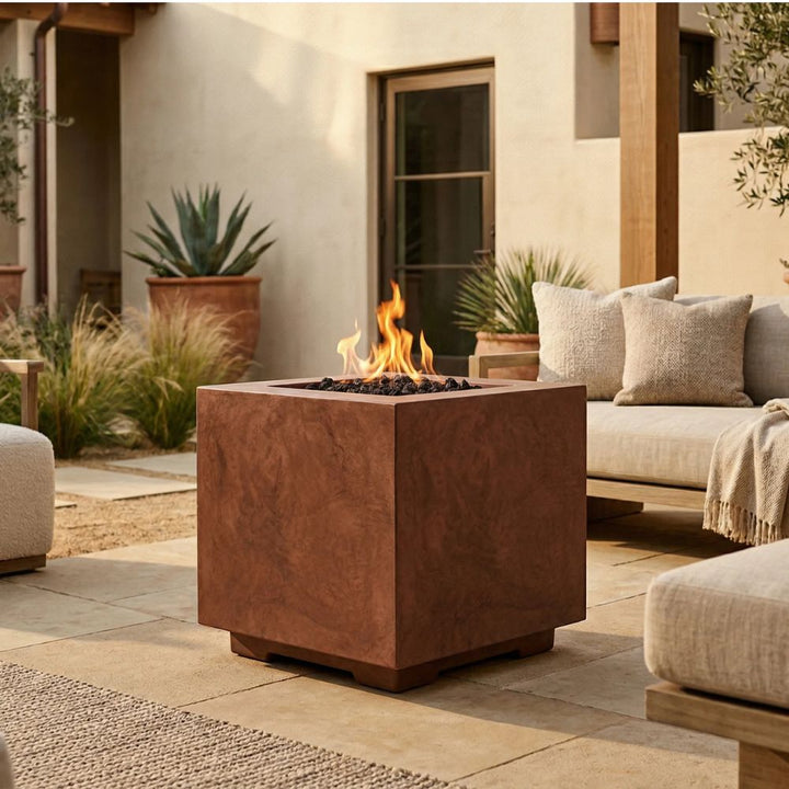 Scatola 2 – 24" Square Pedestal Fire Bowl, Handcrafted Pewter Finish – Propane or Natural Gas