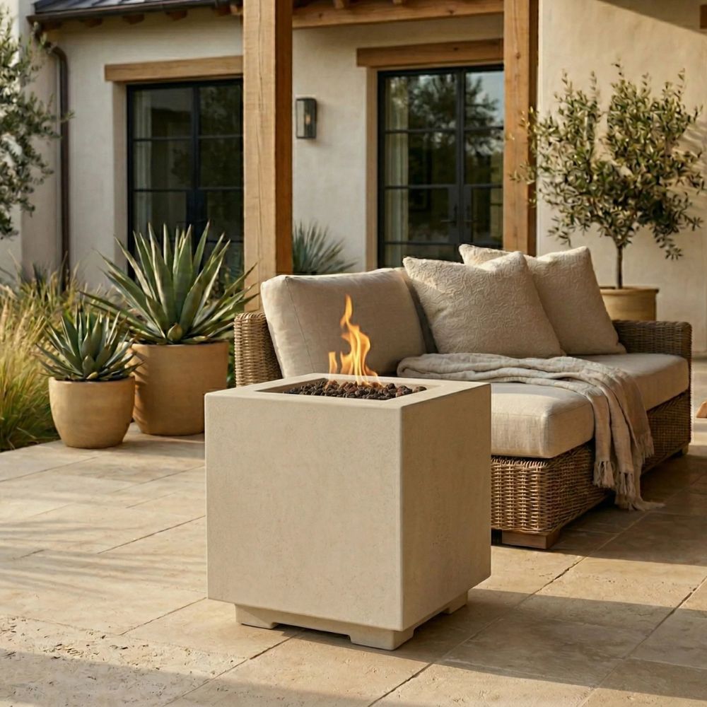 Scatola 2 – 24" Square Pedestal Fire Bowl, Handcrafted Pewter Finish – Propane or Natural Gas
