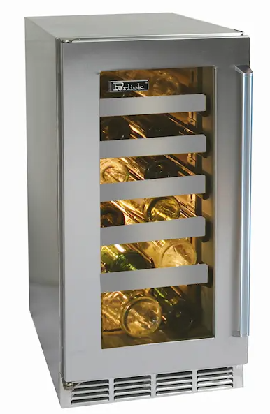 Perlick Signature Series 15-Inch Left-Hinge Outdoor Undercounted Wine Reserve - Stainless Steel Glass Door - HP15WO-4-3L