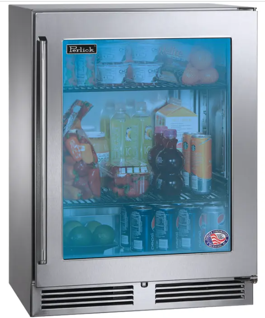 Perlick 18" Deep Signature Series Sottile Outdoor Refrigerator - Wood Overlay Glass Door - Left Hinge - HH24RO-4-4L