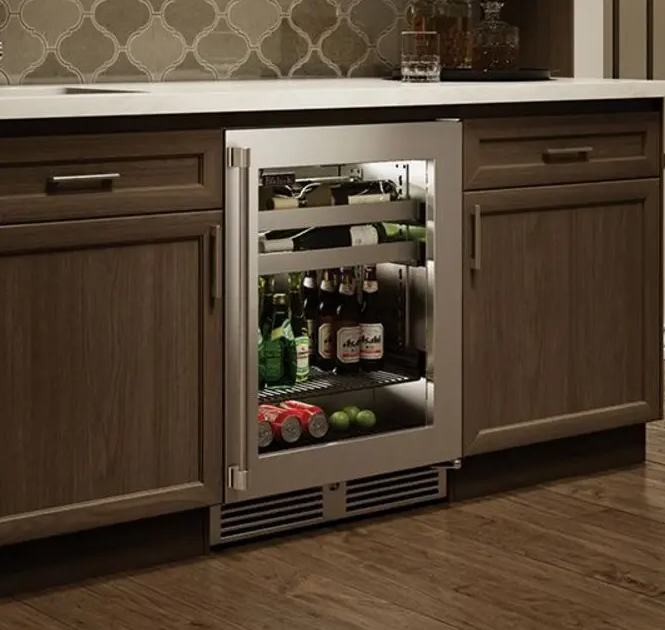 Perlick Shallow Depth Signature Series Sottile Outdoor Beverage Center - Wood Overlay Glass Door - Right Hinge - HH24BO-4-4R