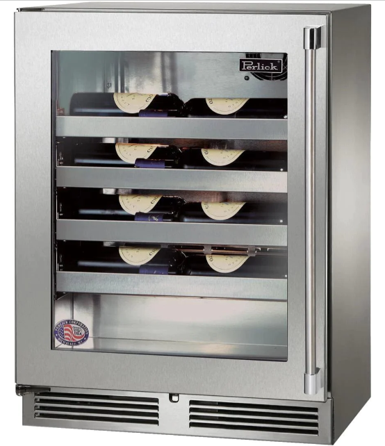 Perlick Signature Series Shallow Depth 18" Depth Outdoor Wine Reserve With Stainless Steel Glass Door, Hinge Left - HH24WO-4-3L
