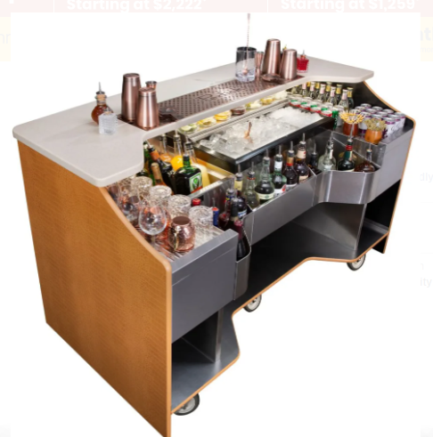 70 Inch Tobin Ellis Limited Edition Mobile Bar with Eco-Friendly Recycled Leather, Vanilla Sugar Bar Top, LED Lighting, and Locking Casters - RMB-001