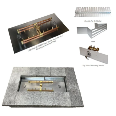 Polycor Paver Fire Pit Kit with Crossfire H-Style Brass Burner & Rectangular Aluminum Plate (NG/LP)