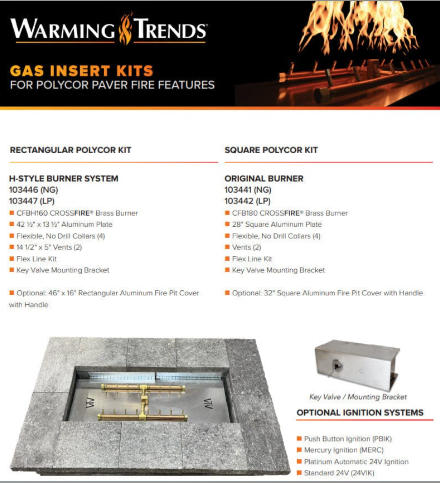 Polycor Gas Insert Kit – Square CFB180 Brass Burner with WATERSTOP®, Aluminum Plate, Mounting Bracket, Collars & Vents – Natural Gas or Propane