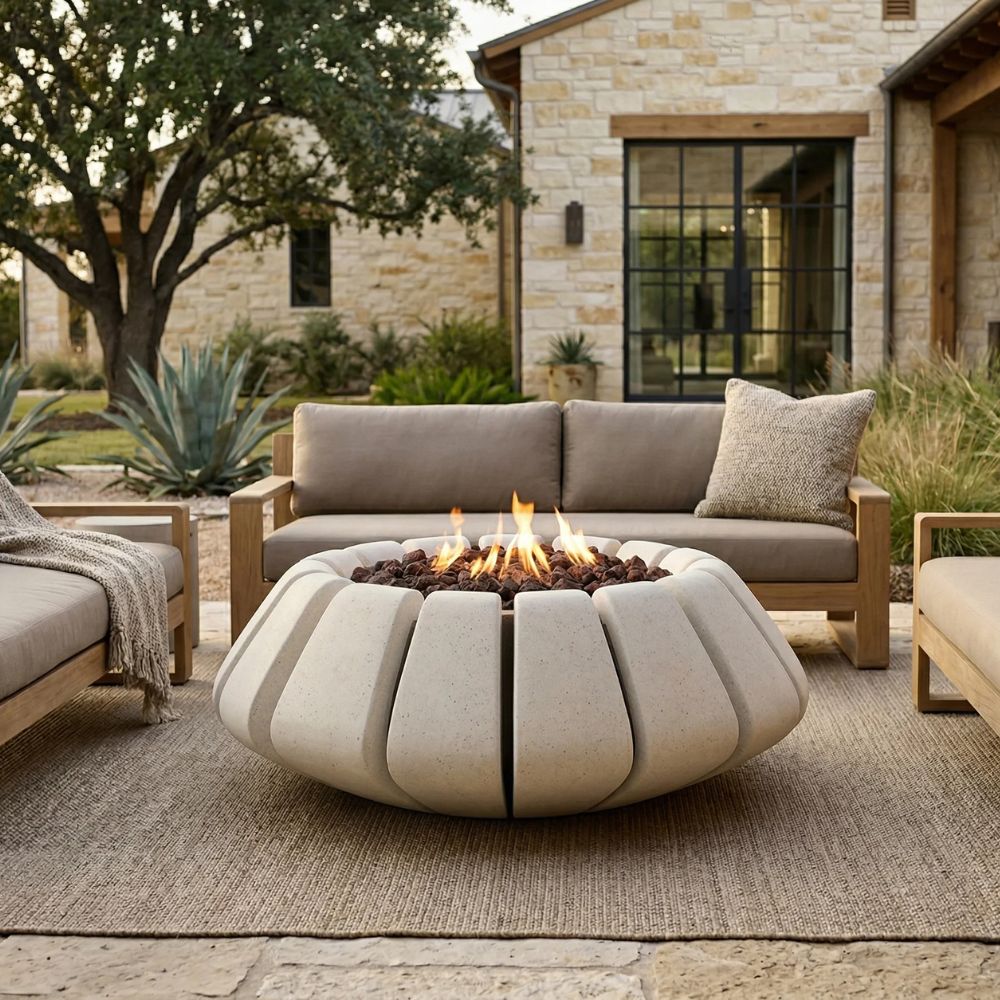 Sunflower Fire Bowl – 48" Round Hand-Crafted Concrete Gas Fire Pit (65,000 BTUs, Propane/Natural Gas)