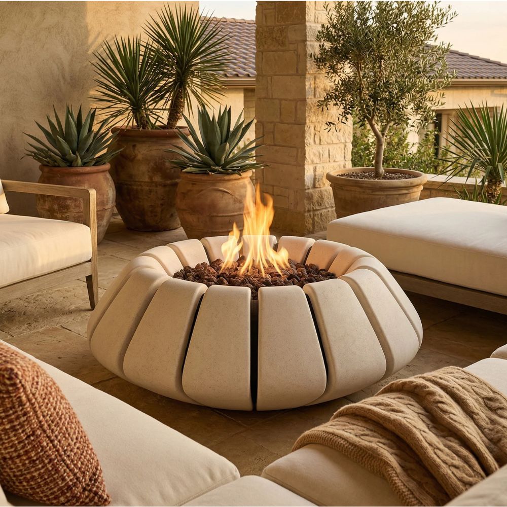 Sunflower Fire Bowl – 48" Round Hand-Crafted Concrete Gas Fire Pit (65,000 BTUs, Propane/Natural Gas)