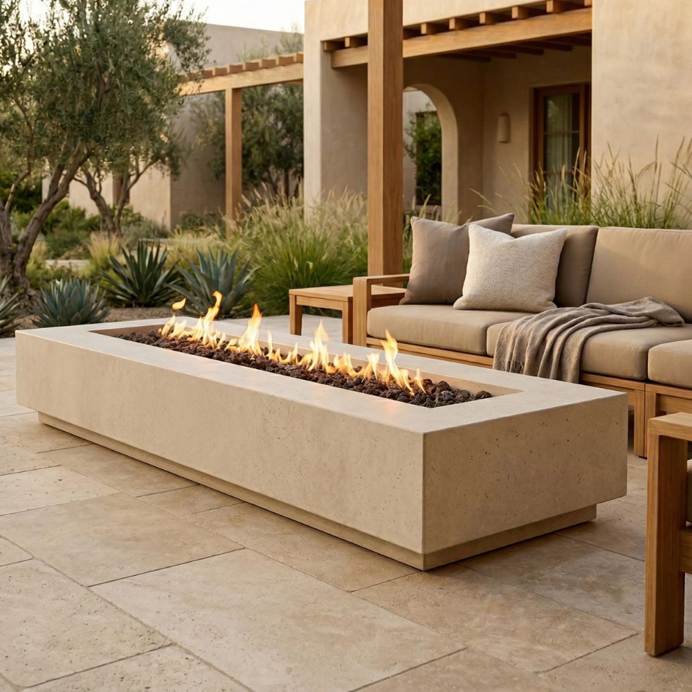 Tavola 110 Fire Table – 110" Extra-Long Rectangular Hand-Crafted Concrete Gas Fire Pit (90,000 BTUs, Propane or Natural Gas)