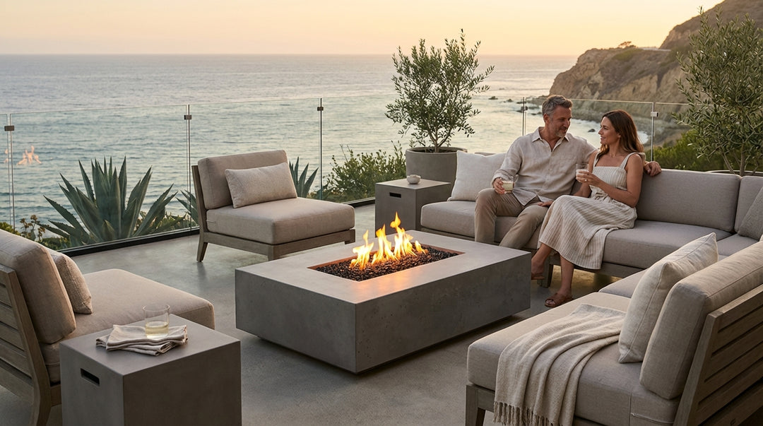 Tavola 1 Modern Concrete Fire Table 56" – Outdoor Gas Fire Pit by Prism Hardscapes