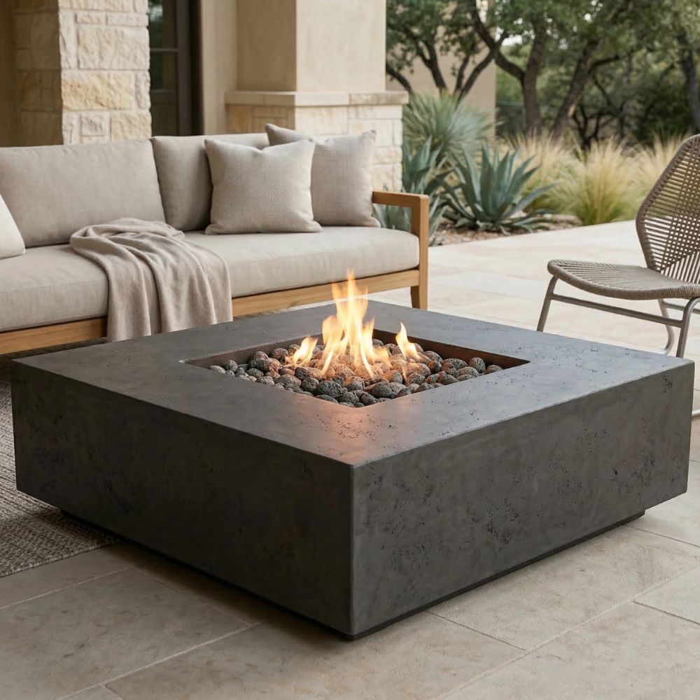 Tavola 3 Fire Table – 48" Square Hand-Crafted Concrete Gas Fire Pit (65,000 BTUs, Propane or Natural Gas)