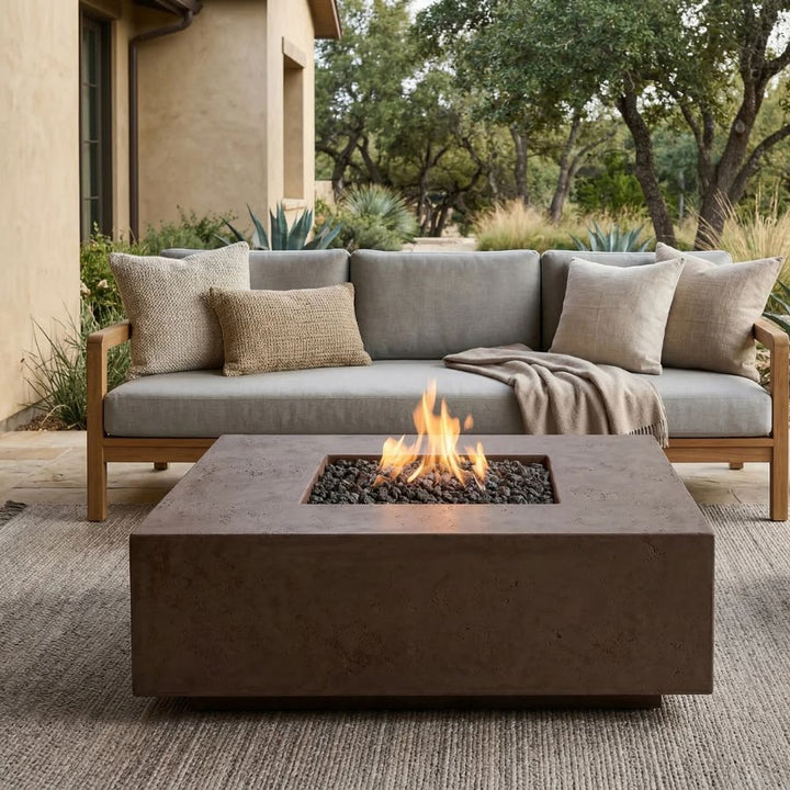 Tavola 3 Fire Table – 48" Square Hand-Crafted Concrete Gas Fire Pit (65,000 BTUs, Propane or Natural Gas)