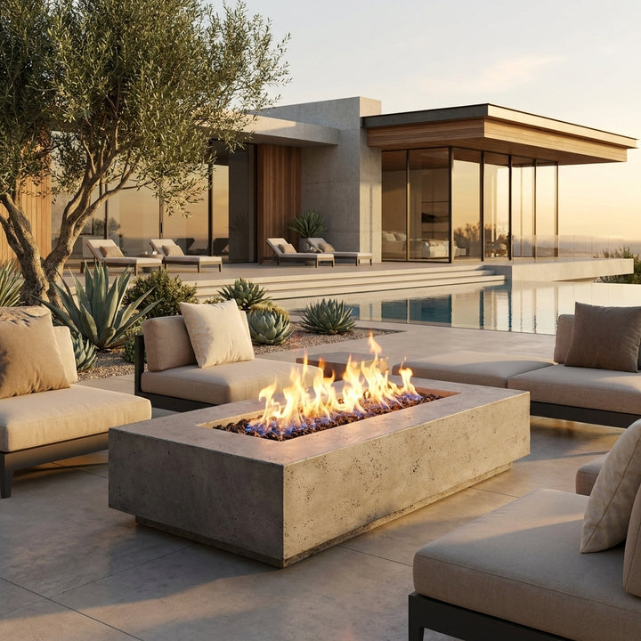 Tavola 4 Fire Table – 66" Rectangular Hand-Crafted Concrete Gas Fire Pit (65,000 BTUs, Propane or Natural Gas)