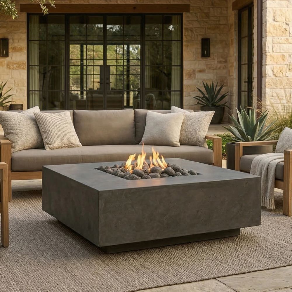 Tavola 42 Fire Table – 42" Square Hand-Crafted Concrete Gas Fire Pit (65,000 BTUs, Propane or Natural Gas)