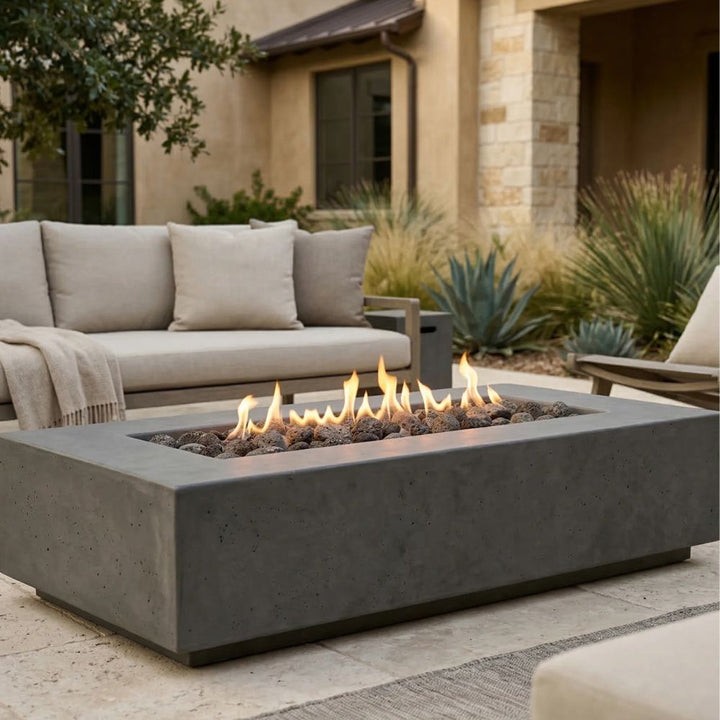 Tavola 4 Fire Table – 66" Rectangular Hand-Crafted Concrete Gas Fire Pit (65,000 BTUs, Propane or Natural Gas)