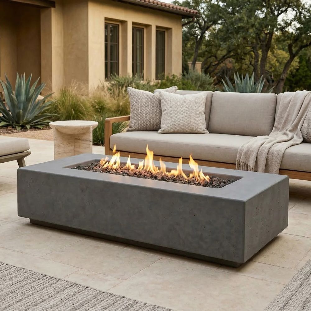Tavola 4 Fire Table – 66" Rectangular Hand-Crafted Concrete Gas Fire Pit (65,000 BTUs, Propane or Natural Gas)