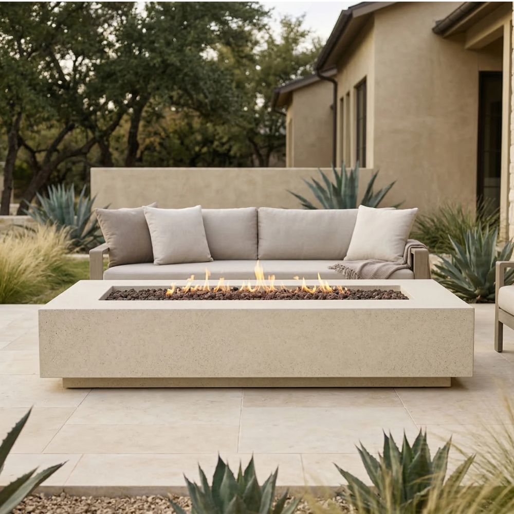 Tavola 6 Fire Table – 90" Rectangular Hand-Crafted Concrete Gas Fire Pit (90,000 BTUs, Propane or Natural Gas)