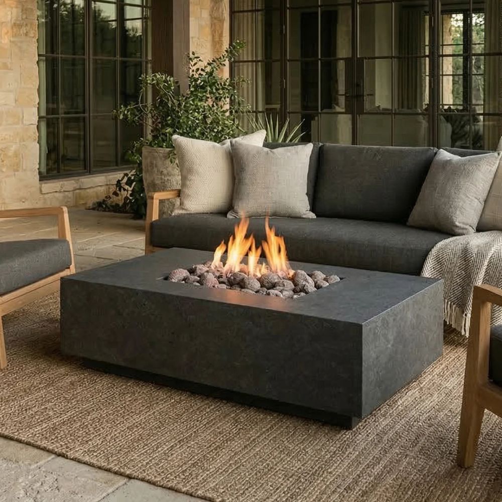 Tavola 7 Fire Table – 60" Rectangular Hand-Crafted Concrete Gas Fire Pit (65,000 BTUs, Propane or Natural Gas)
