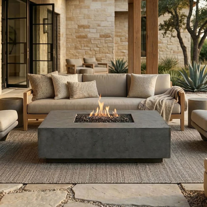 Tavola 7 Fire Table – 60" Rectangular Hand-Crafted Concrete Gas Fire Pit (65,000 BTUs, Propane or Natural Gas)