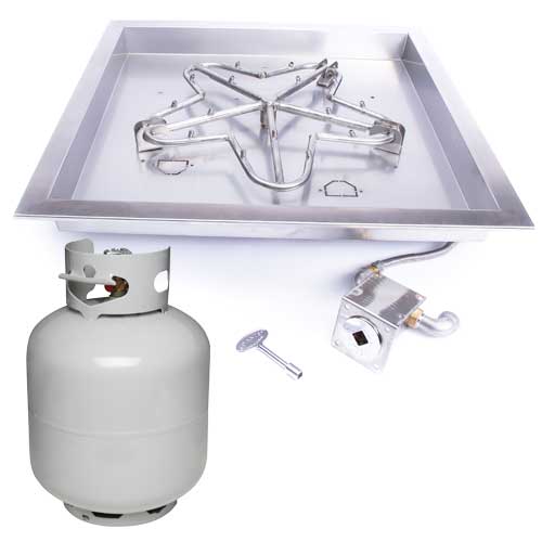 HPC - 24" SST Torpedo Square Bowl Match Lit Fire Pit Kit Insert - Propane Fuel (Small Tank)